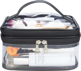 HAOGUAGUA Double Layer Clear Cosmetic Bag Makeup Bag, Waterproof Travel Toiletry Bag, Transparent PVC Hair & Nail Accessories Pouch Beach Bag Organizer (Black)