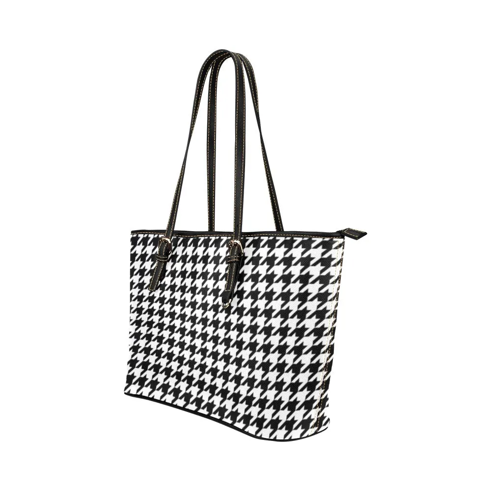 Houndstooth Tote Bag Purse, Black White Print Handbag High Grade Leather Zip on Top Designer Handmade Shoulder Small Bag Women
