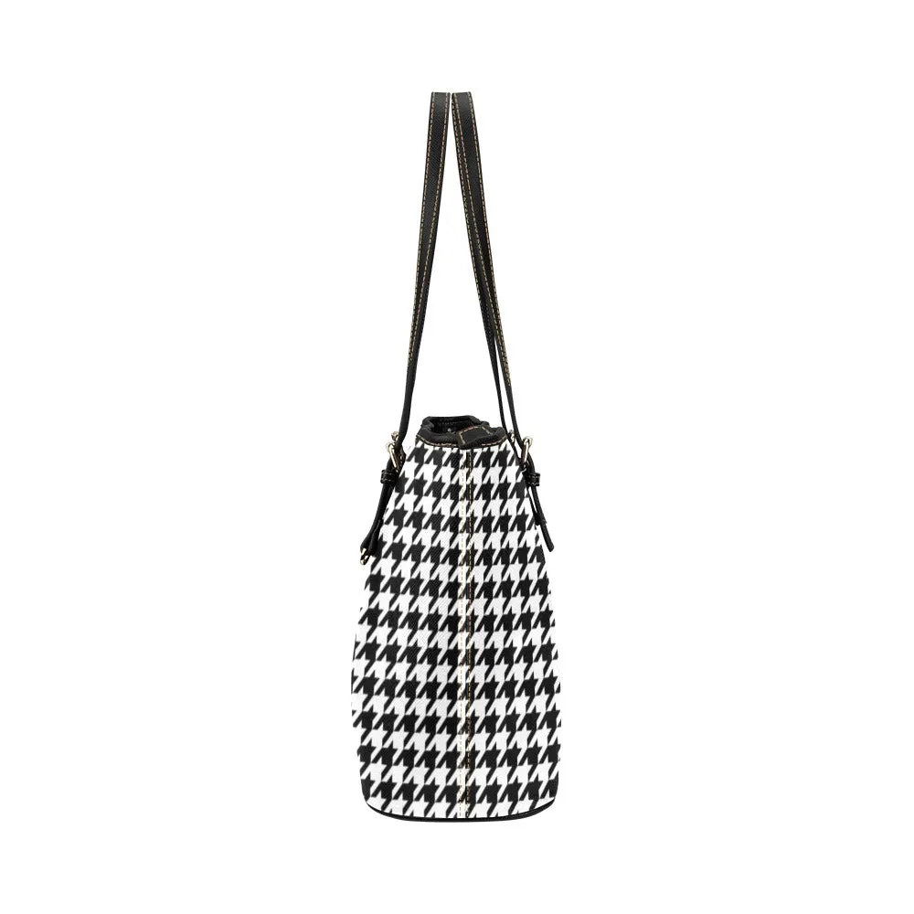 Houndstooth Tote Bag Purse, Black White Print Handbag High Grade Leather Zip on Top Designer Handmade Shoulder Small Bag Women