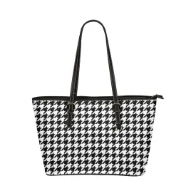 Houndstooth Tote Bag Purse, Black White Print Handbag High Grade Leather Zip on Top Designer Handmade Shoulder Small Bag Women