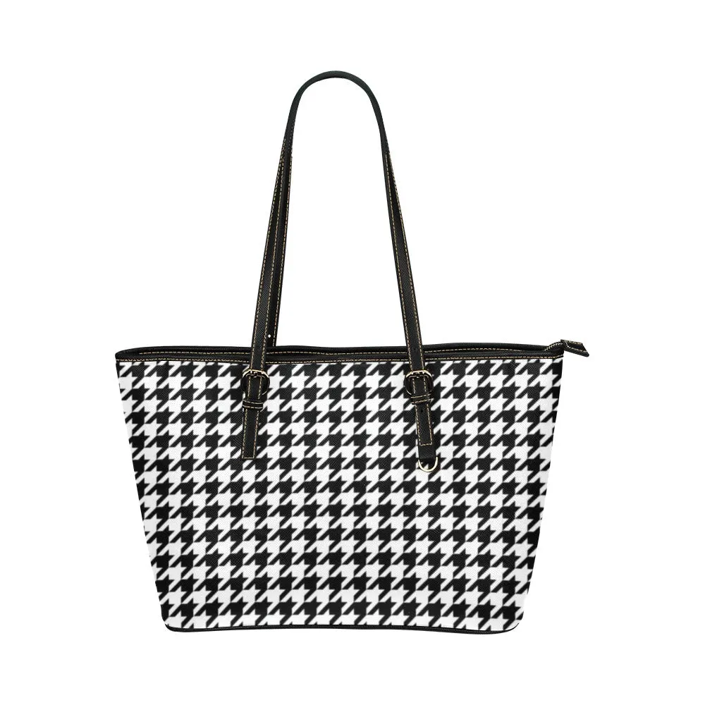 Houndstooth Tote Bag Purse, Black White Print Handbag High Grade Leather Zip on Top Designer Handmade Shoulder Small Bag Women