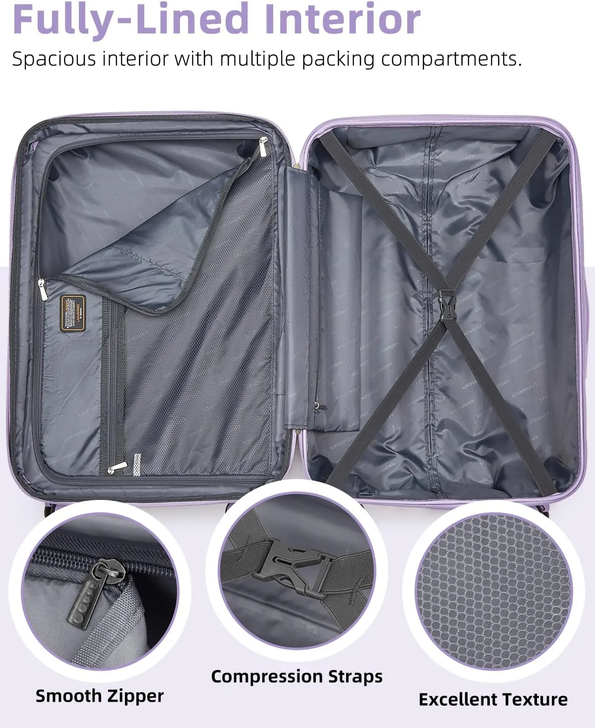 LARVENDER Carry on Luggage 22x14x9 Airline Approved, 20 Inch Hardside Suitcase with Wheels TSA Lock, PC ABS Lightweight Travel Luggage Sets for Women, Glossy Lavender, 3 Piece Set