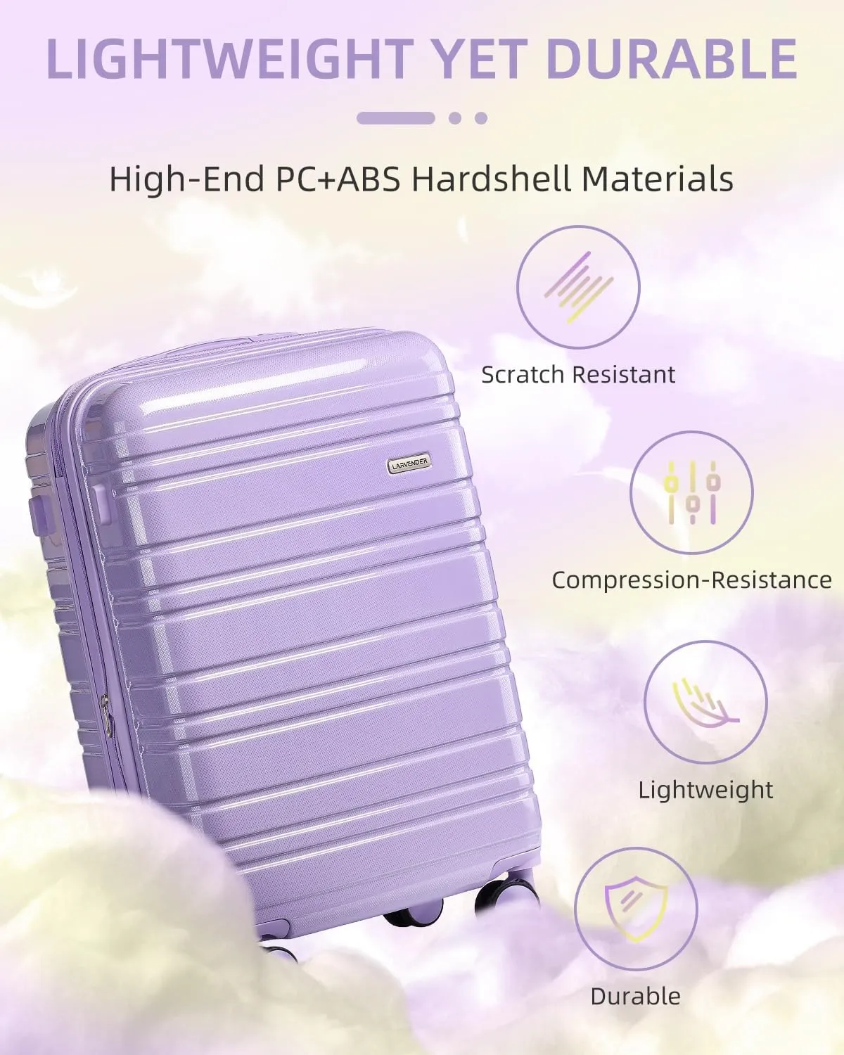 LARVENDER Carry on Luggage 22x14x9 Airline Approved, 20 Inch Hardside Suitcase with Wheels TSA Lock, PC ABS Lightweight Travel Luggage Sets for Women, Glossy Lavender, 3 Piece Set