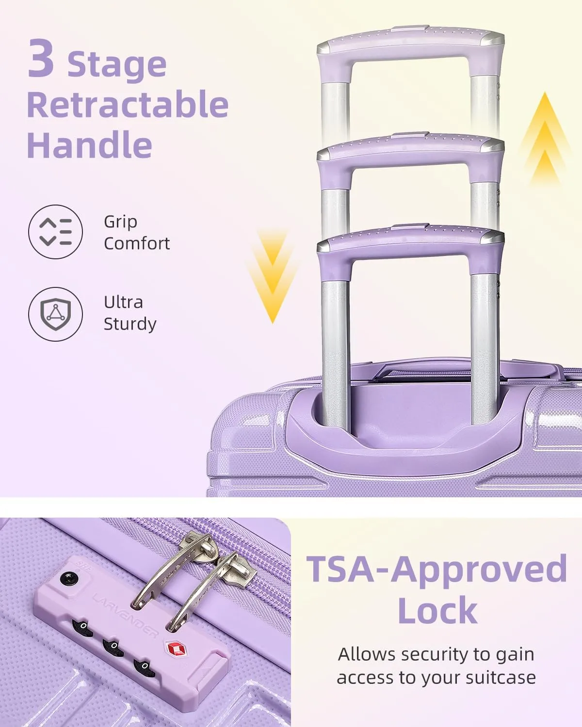 LARVENDER Carry on Luggage 22x14x9 Airline Approved, 20 Inch Hardside Suitcase with Wheels TSA Lock, PC ABS Lightweight Travel Luggage Sets for Women, Glossy Lavender, 3 Piece Set