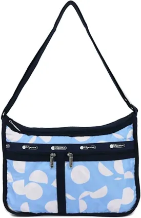 LeSportsac Geometric Sky Deluxe Everyday Crossbody Bag   Cosmetic Bag, Style 7507/Color E878, Playful Crisp White Circles, Semi-Circles & Sectors Create a Geometric Mash-up on Dreamy Sky Blue Bag