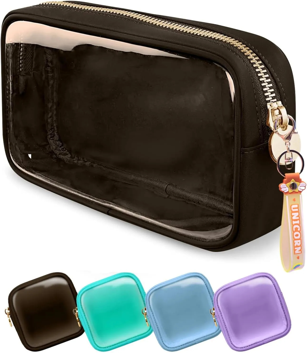 Mini Makeup Bag Makeup Pouch for Women And Girls, Mini Pouch Clear with Zipper Cosmetic Bag for Purse, Transparent PVC & Nylon Bag Waterproof Preppy Toiletry Bag Cute (Small, Coffee)