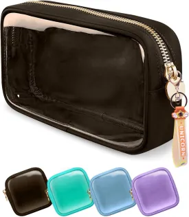 Mini Makeup Bag Makeup Pouch for Women And Girls, Mini Pouch Clear with Zipper Cosmetic Bag for Purse, Transparent PVC & Nylon Bag Waterproof Preppy Toiletry Bag Cute (Small, Coffee)