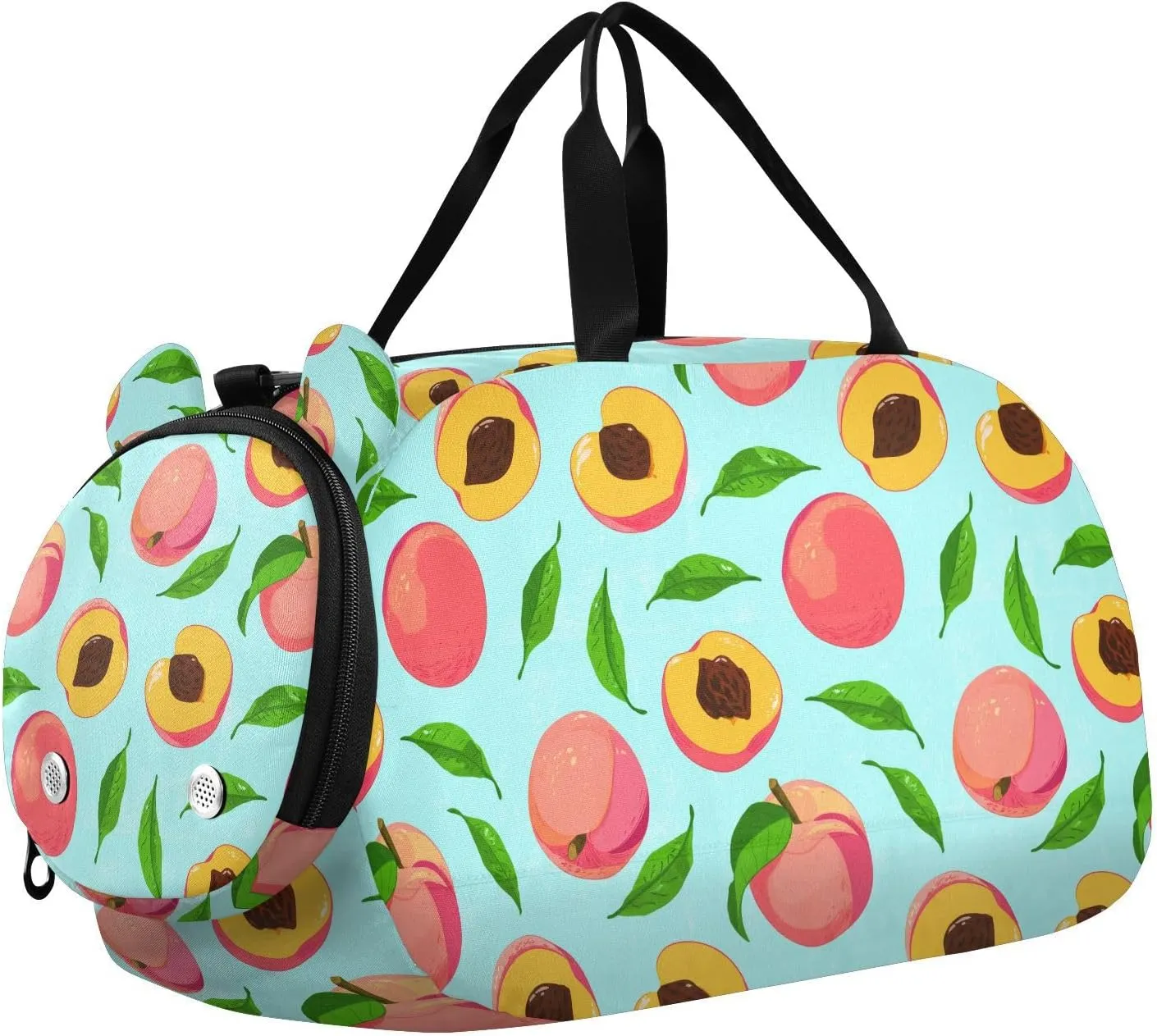Peach Leaves Fruit Teal Kids Travel Duffel Bag for Boys Girls Overnight Weekend Tote Bag with Shoes Compartment for Gym Sports Dance