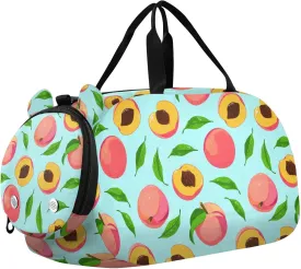 Peach Leaves Fruit Teal Kids Travel Duffel Bag for Boys Girls Overnight Weekend Tote Bag with Shoes Compartment for Gym Sports Dance