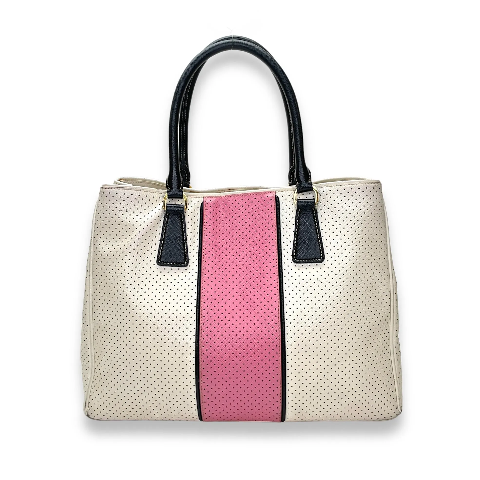 Perforated Galleria White Top Handle Bag in Calfskin, Gold hardware