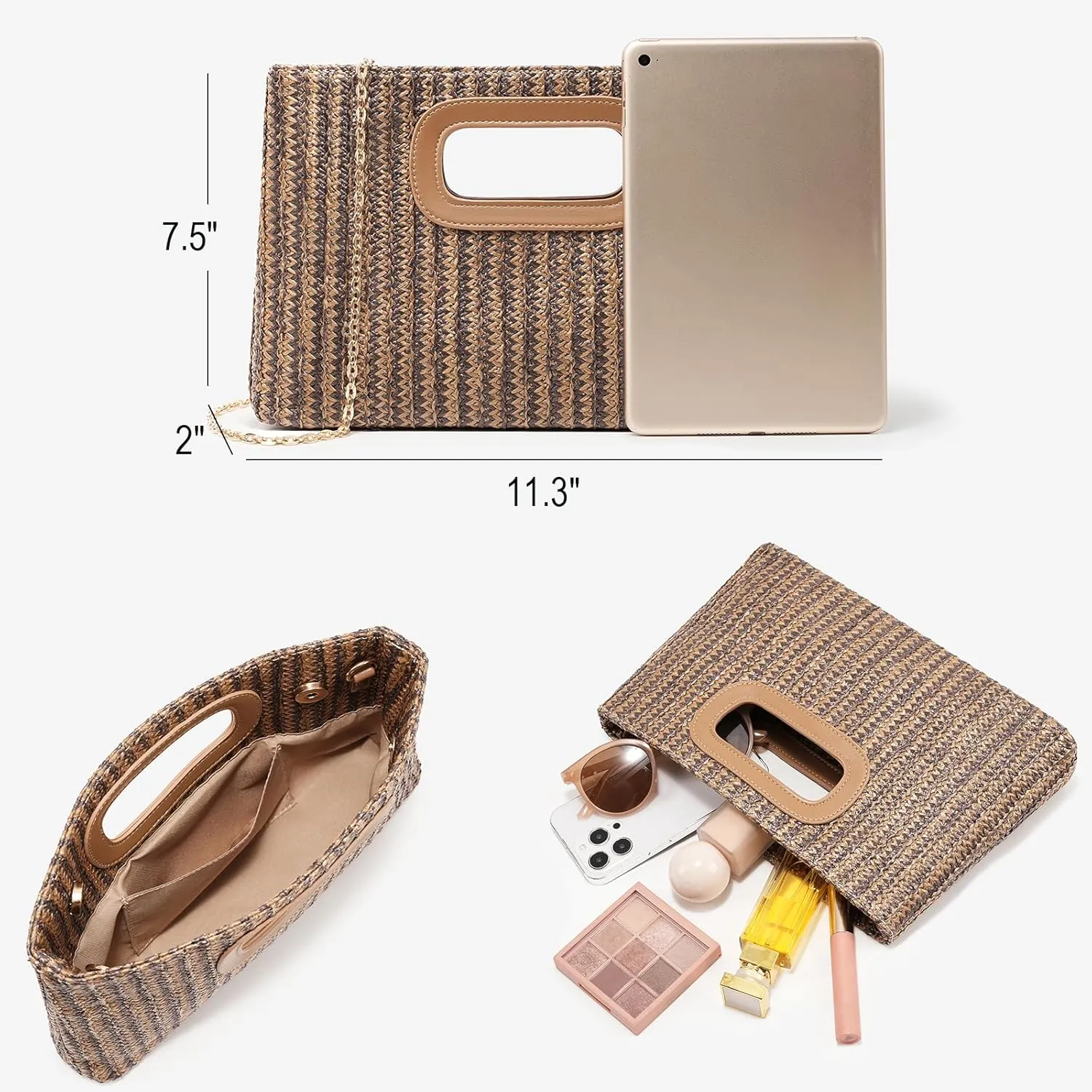 Straw Purse Top Handle Clutch Bag, Woven Beach Shoulder Crossbody Bag Raffia Handbag Raffia Summer Vacation Tote