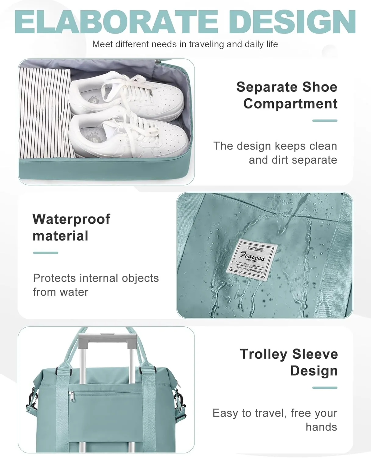 Travel Duffel Bag, 18x14x8 Inches Travel Bag Spirit with Shoes Compartment, Weekender Overnight Bag for Women with Trolley Sleeve, Carry On Bag for Airplanes Sport Tote Gym Bag LightBlue
