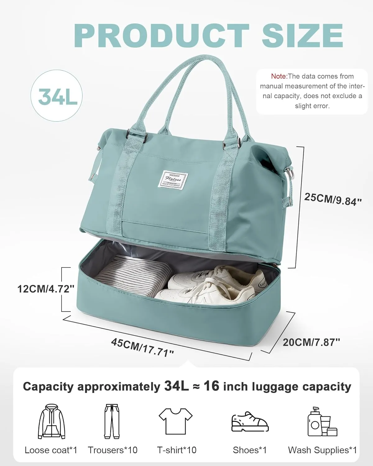 Travel Duffel Bag, 18x14x8 Inches Travel Bag Spirit with Shoes Compartment, Weekender Overnight Bag for Women with Trolley Sleeve, Carry On Bag for Airplanes Sport Tote Gym Bag LightBlue