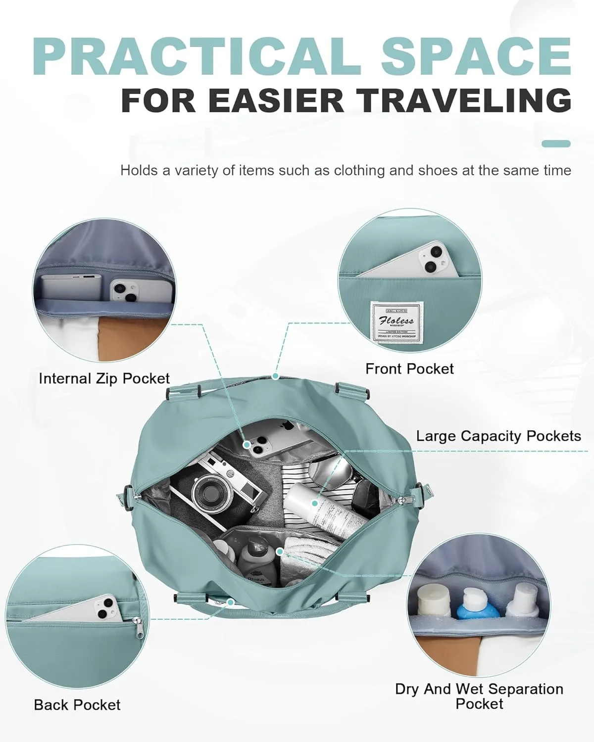 Travel Duffel Bag, 18x14x8 Inches Travel Bag Spirit with Shoes Compartment, Weekender Overnight Bag for Women with Trolley Sleeve, Carry On Bag for Airplanes Sport Tote Gym Bag LightBlue