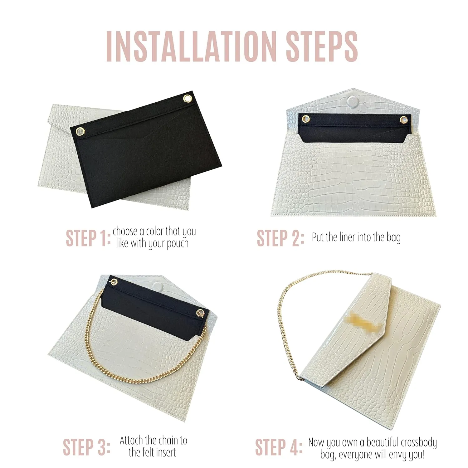 Uptown Clutch Conversion Kit with Gold Chain Wristlet Insert Wallet on Chain WOC Uptown Pouch Insert (Bubblegum)