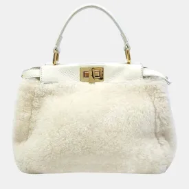 White Shearling Shiny Nappa Mini Peekaboo Iconic Satchel Bag