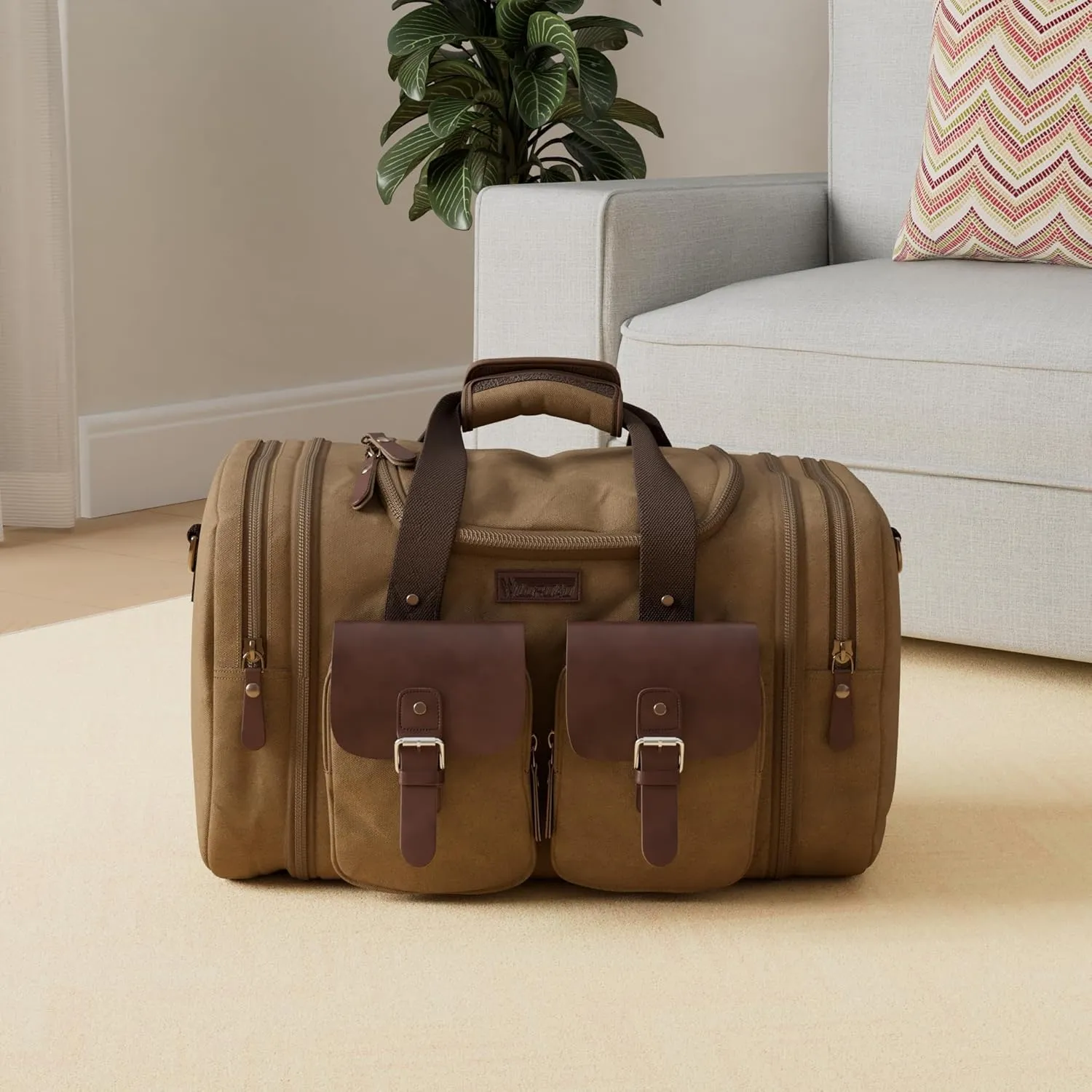 Wildroad 50L Travel Duffel Bag, Expandable Canvas Genuine Leather Duffle Bag Upgraded Overnight Weekender Carry on Bag