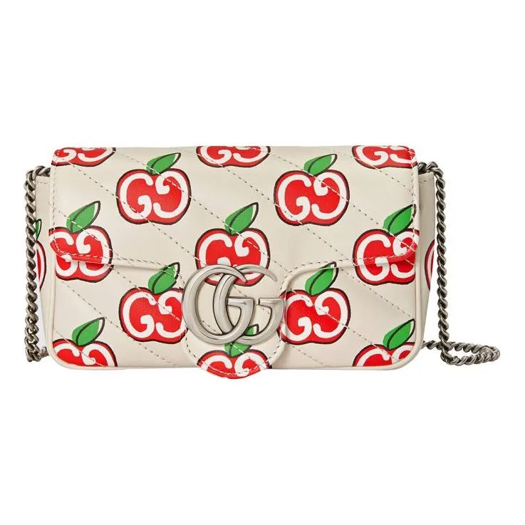 (WMNS) GUCCI GG Marmont Silver Logo Apple Pattern Leather Chain Shoulder Messenger Bag Mini White / Red Valentine's Day limited 476433-1W8AN-9086