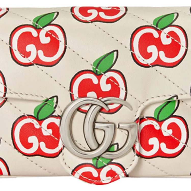 (WMNS) GUCCI GG Marmont Silver Logo Apple Pattern Leather Chain Shoulder Messenger Bag Mini White / Red Valentine's Day limited 476433-1W8AN-9086