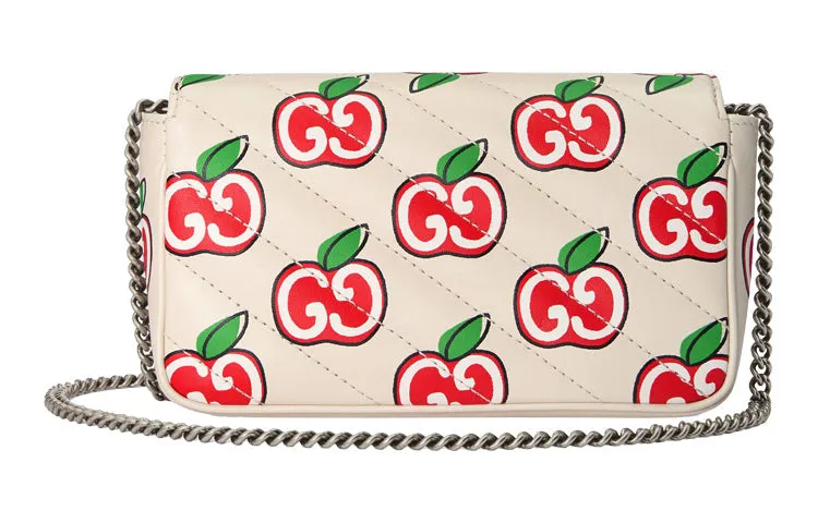 (WMNS) GUCCI GG Marmont Silver Logo Apple Pattern Leather Chain Shoulder Messenger Bag Mini White / Red Valentine's Day limited 476433-1W8AN-9086