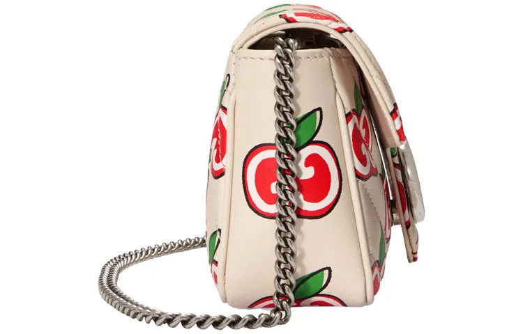 (WMNS) GUCCI GG Marmont Silver Logo Apple Pattern Leather Chain Shoulder Messenger Bag Mini White / Red Valentine's Day limited 476433-1W8AN-9086