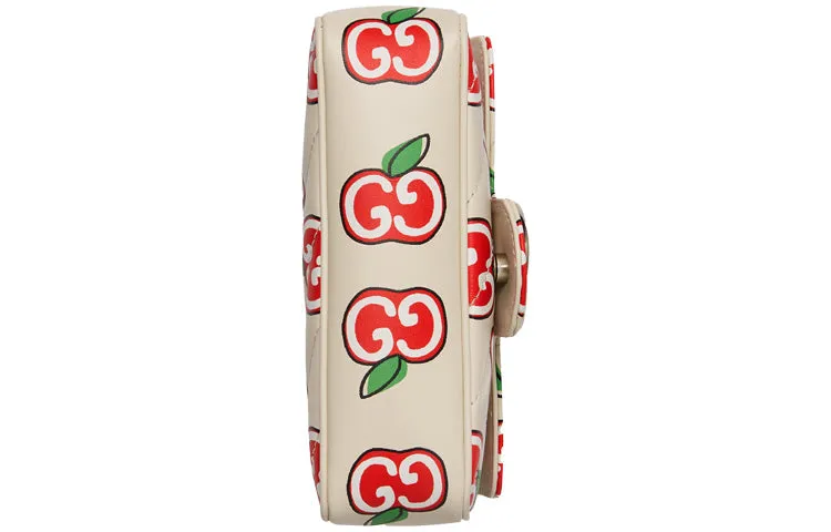(WMNS) GUCCI GG Marmont Silver Logo Apple Pattern Leather Chain Shoulder Messenger Bag Mini White / Red Valentine's Day limited 476433-1W8AN-9086