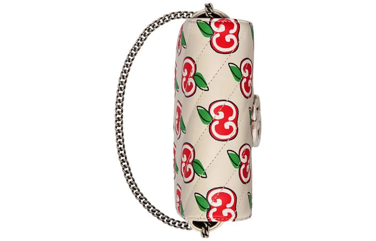 (WMNS) GUCCI GG Marmont Silver Logo Apple Pattern Leather Chain Shoulder Messenger Bag Mini White / Red Valentine's Day limited 476433-1W8AN-9086