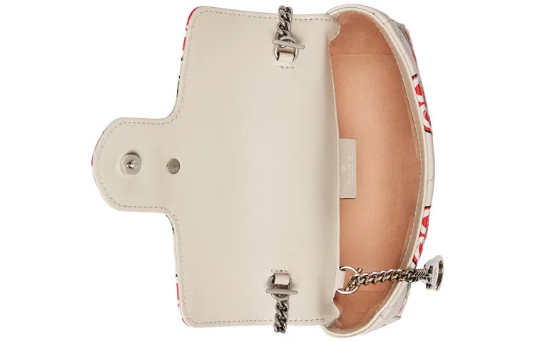 (WMNS) GUCCI GG Marmont Silver Logo Apple Pattern Leather Chain Shoulder Messenger Bag Mini White / Red Valentine's Day limited 476433-1W8AN-9086