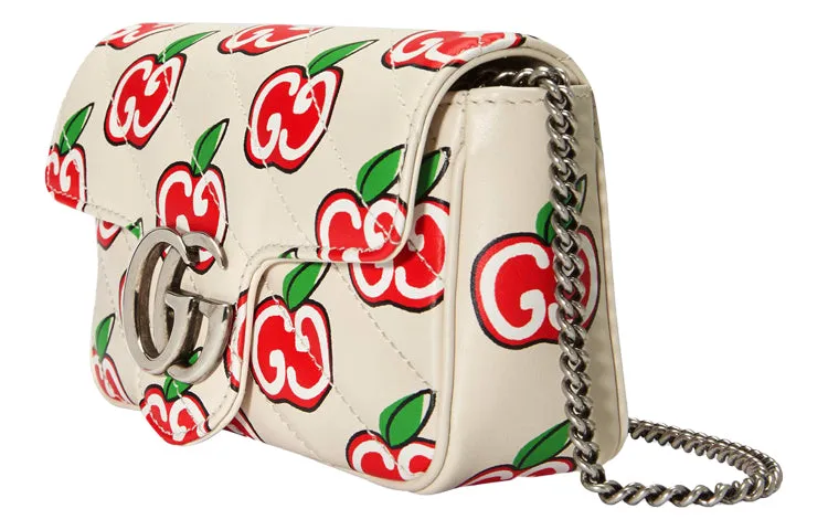 (WMNS) GUCCI GG Marmont Silver Logo Apple Pattern Leather Chain Shoulder Messenger Bag Mini White / Red Valentine's Day limited 476433-1W8AN-9086