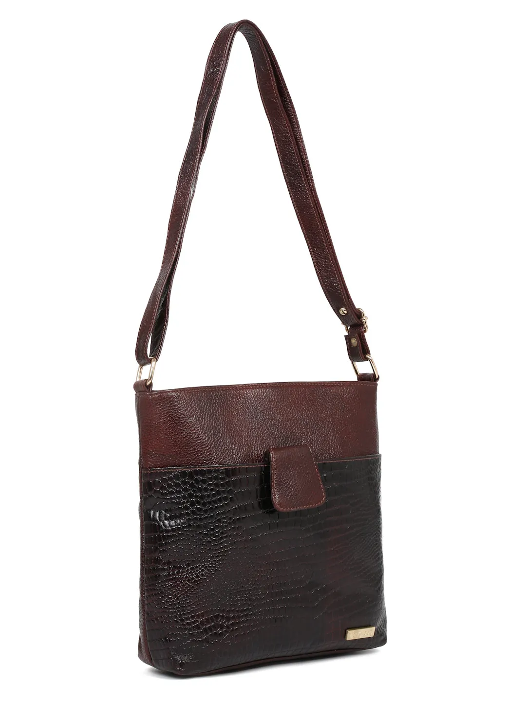 Women Brown Leather Croco Pattern Sling Bag