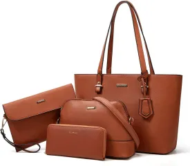 Women Fashion Synthetic Leather Handbags Tote Bag Shoulder Bag Top Handle Satchel Purse Set 4pcs