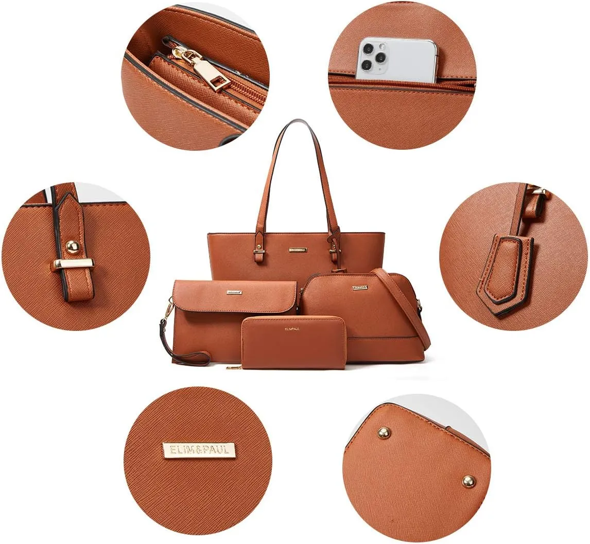 Women Fashion Synthetic Leather Handbags Tote Bag Shoulder Bag Top Handle Satchel Purse Set 4pcs