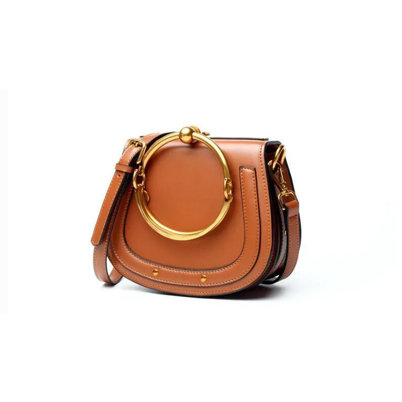 Women Saddle Faux-Leather Bag with Brass Buckle Design