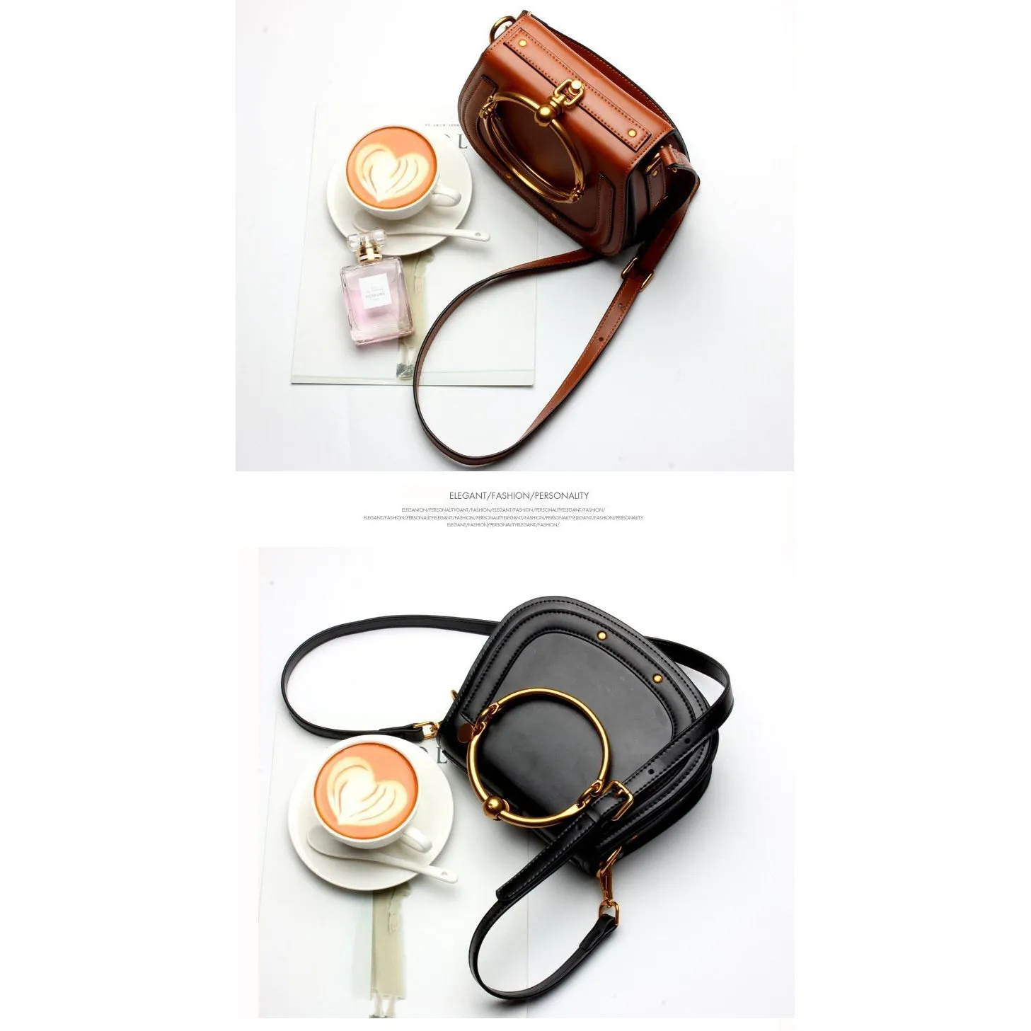 Women Saddle Faux-Leather Bag with Brass Buckle Design