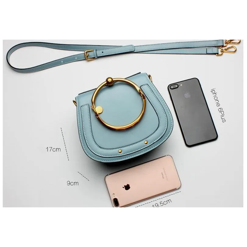 Women Saddle Faux-Leather Bag with Brass Buckle Design
