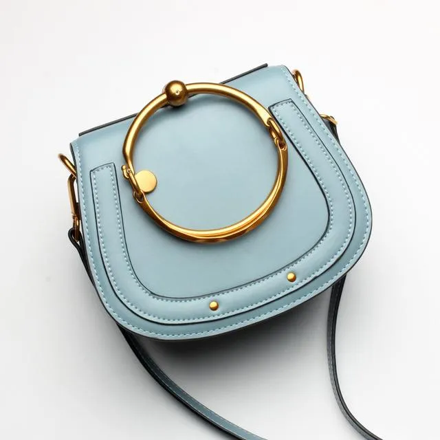 Women Saddle Faux-Leather Bag with Brass Buckle Design