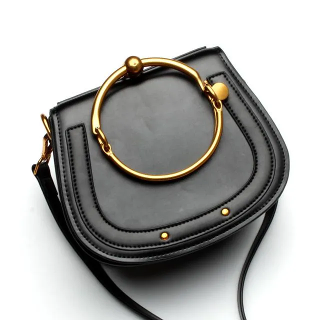Women Saddle Faux-Leather Bag with Brass Buckle Design
