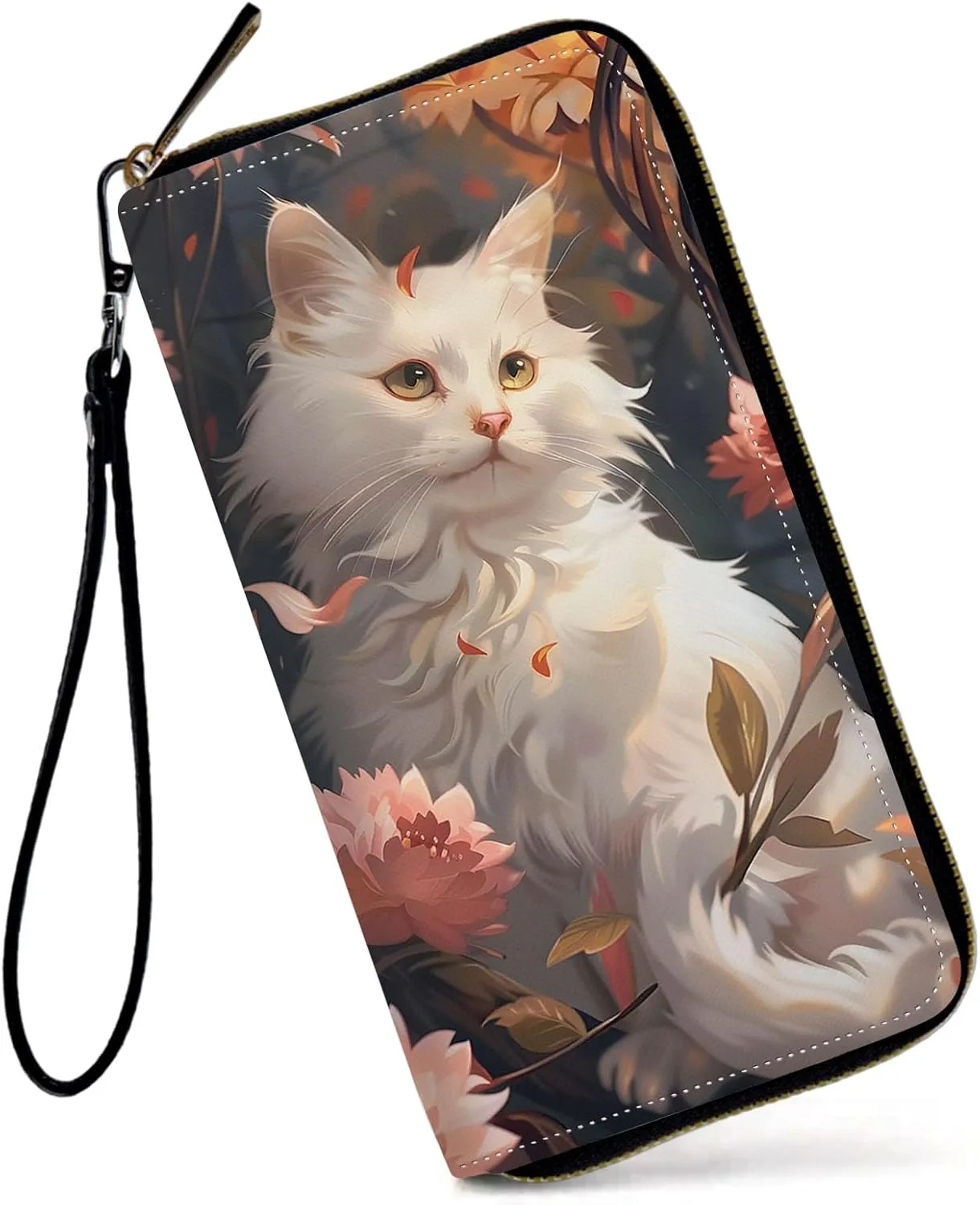 Womens Wallet, Large Capacity RFID Blocking PU Leather Wristlet Wallets for Women Ladies Men Credit Card Holder Zipper Wallet Phone Holder Clutch Travel Purse, White Cat Flowers