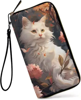 Womens Wallet, Large Capacity RFID Blocking PU Leather Wristlet Wallets for Women Ladies Men Credit Card Holder Zipper Wallet Phone Holder Clutch Travel Purse, White Cat Flowers